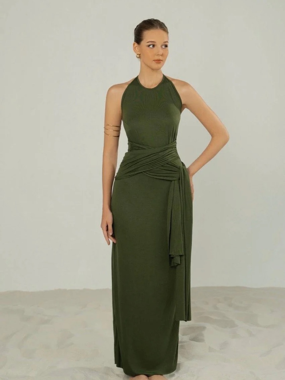 S Olive Green Halter Maxi Dress with Waist Sash